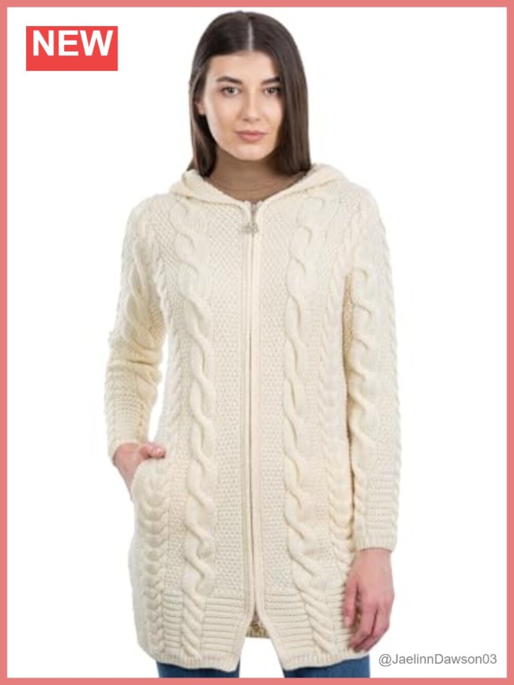 100% Merino Wool Aran Cable Knit Hooded Zip Cardigan Irish Coat
